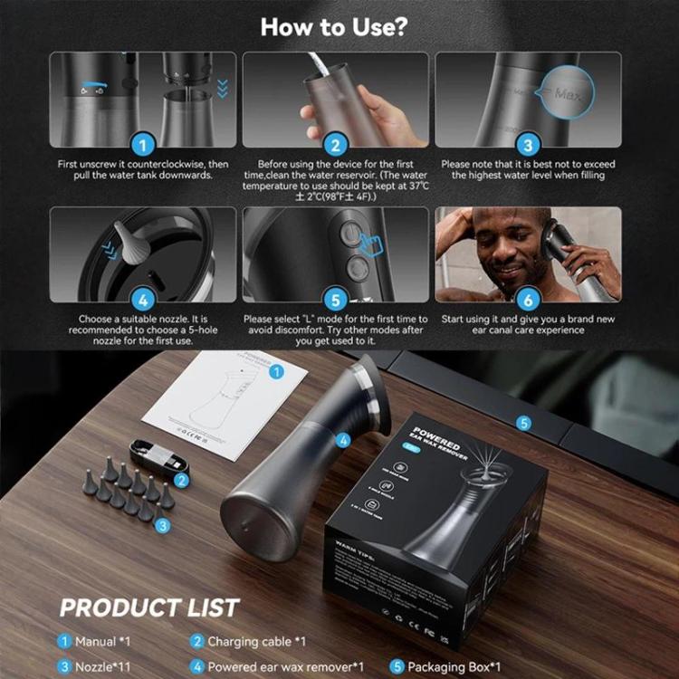 Electric ear cleaning kit with device, nozzle set, manual, and charging cable