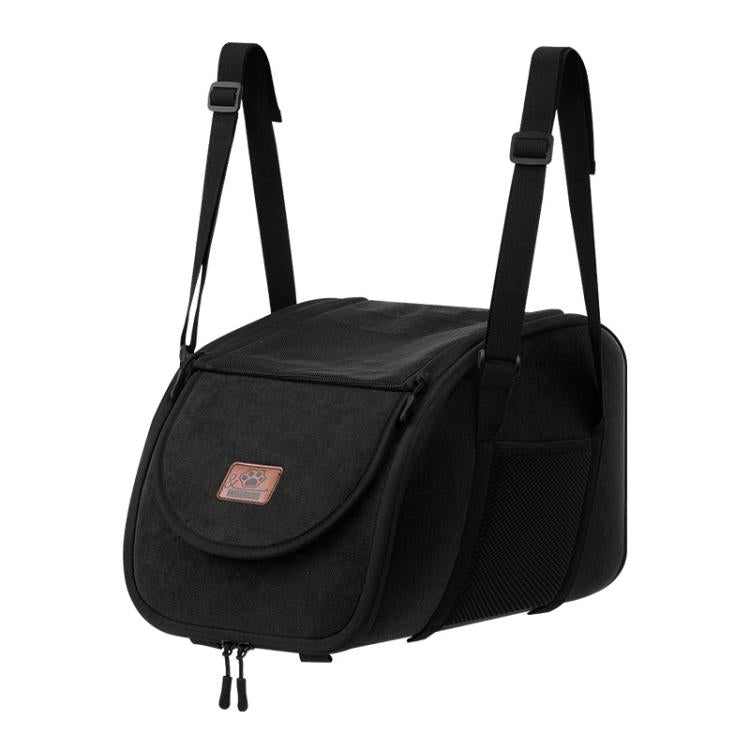 Black portable pet travel carrier with front flap, mesh side pocket, and two carry straps