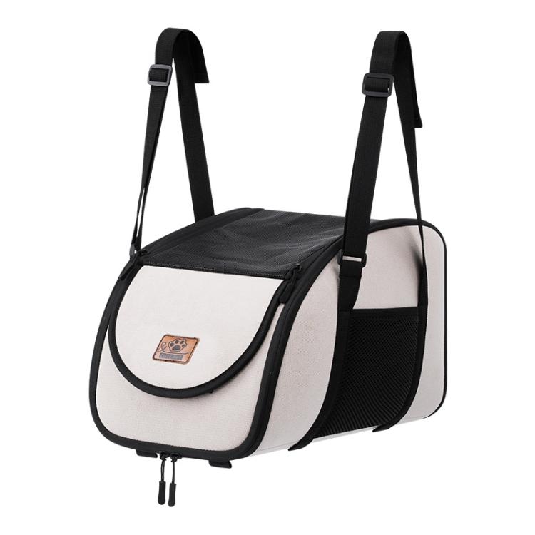 Beige portable pet travel carrier with front flap, black mesh panel, and two carry straps