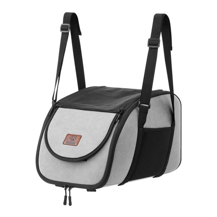 Gray portable pet travel carrier with front flap, black mesh side, and two carry straps