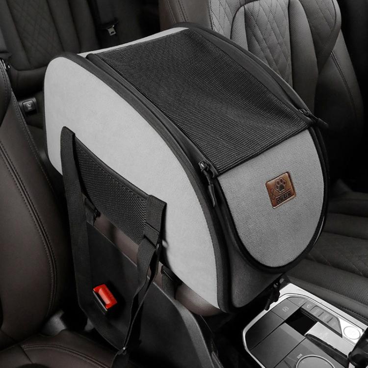 Gray and black pet travel carrier with adjustable headrest straps and storage pocket
