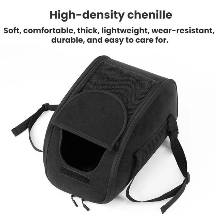 Black pet travel carrier with chenille fabric, front tunnel opening, and shoulder straps