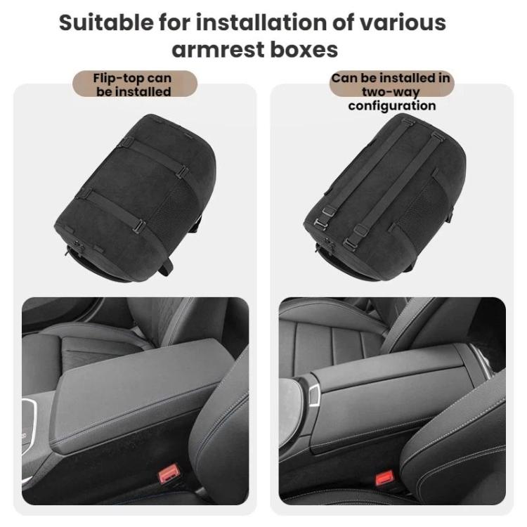 Pet carrier showing armrest-box attachment and two installation configurations