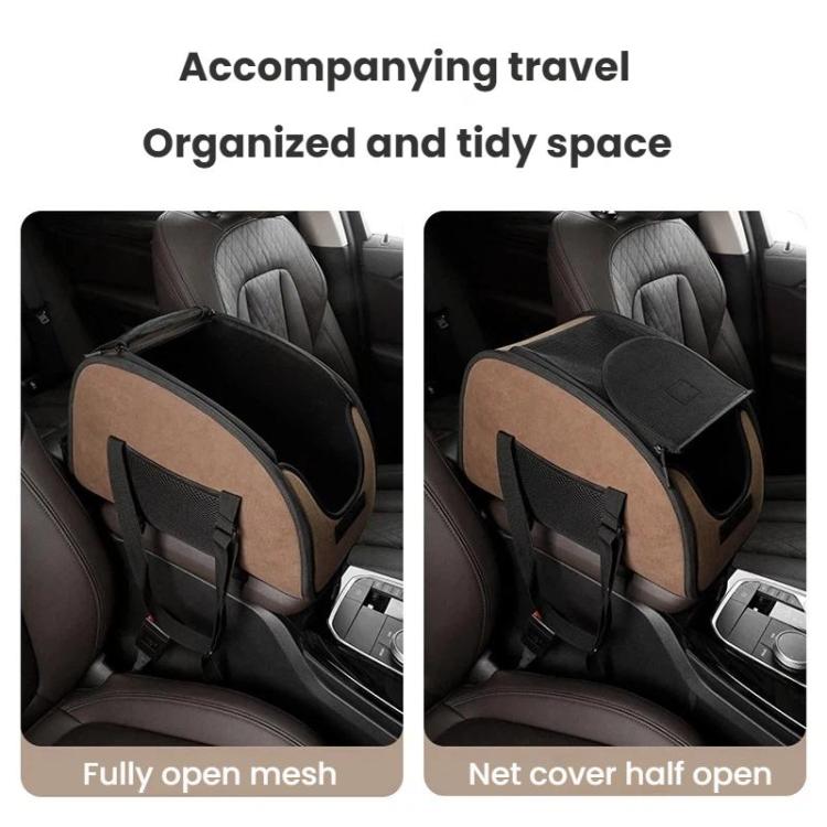 Pet travel carrier organizer attached to car seat with fully open mesh panel