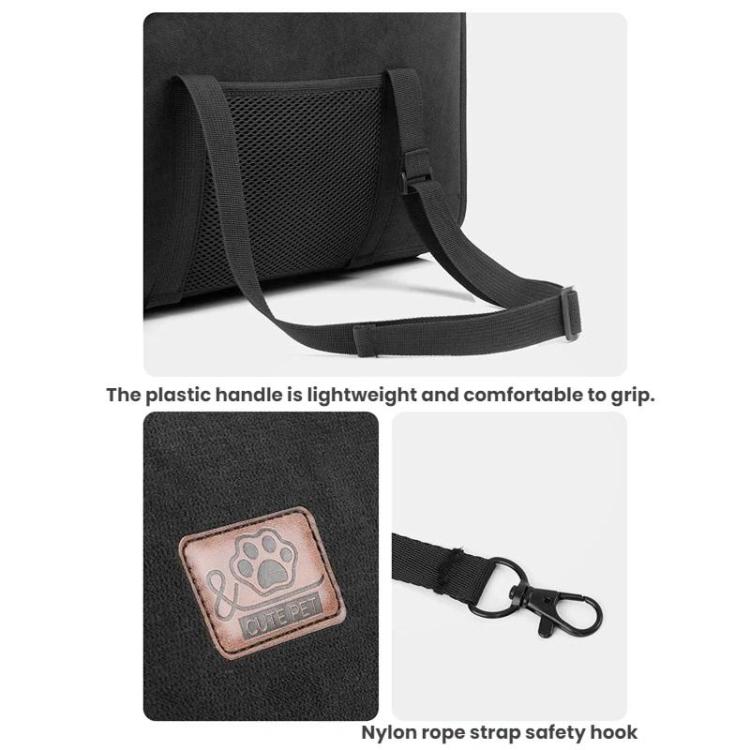 Pet carrier with mesh backing, nylon strap safety hook, and molded plastic grip handle