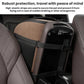 Beige and black portable pet carrier with front seat center straps and handle