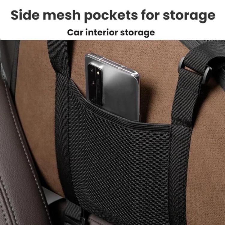 Black mesh storage pocket on beige portable pet carrier for car seat transport