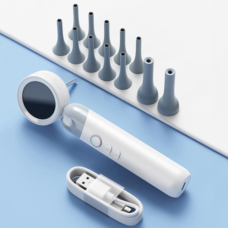 Portable ear inspection camera with white handheld body, control buttons, and USB cable