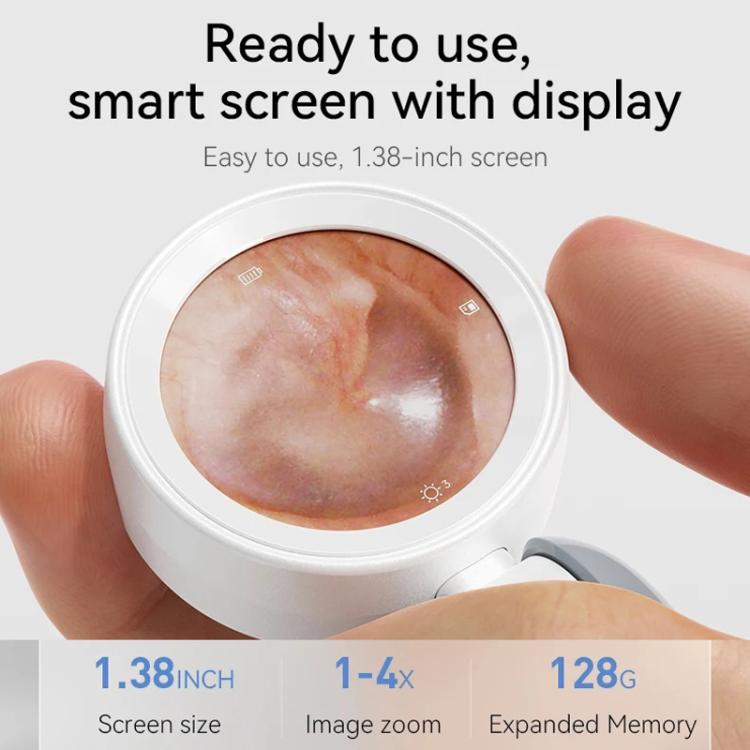 Handheld ear camera with built-in display showing close-up ear canal view