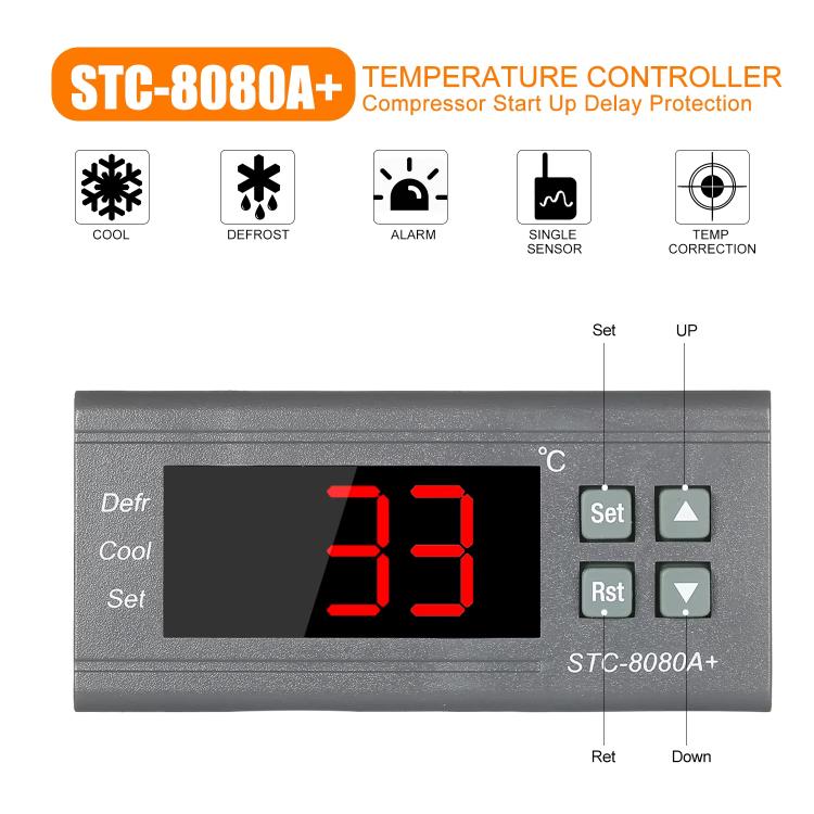 STC-8080A+ Digital Temperature Controller for Refrigeration with Defrost Function & Alarm, for Cold Room, Commercial Freezer, STC-8080A+ 220V