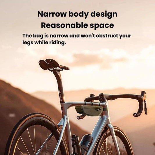 Narrow waterproof bike top tube bag attached to road bike frame, dark fabric