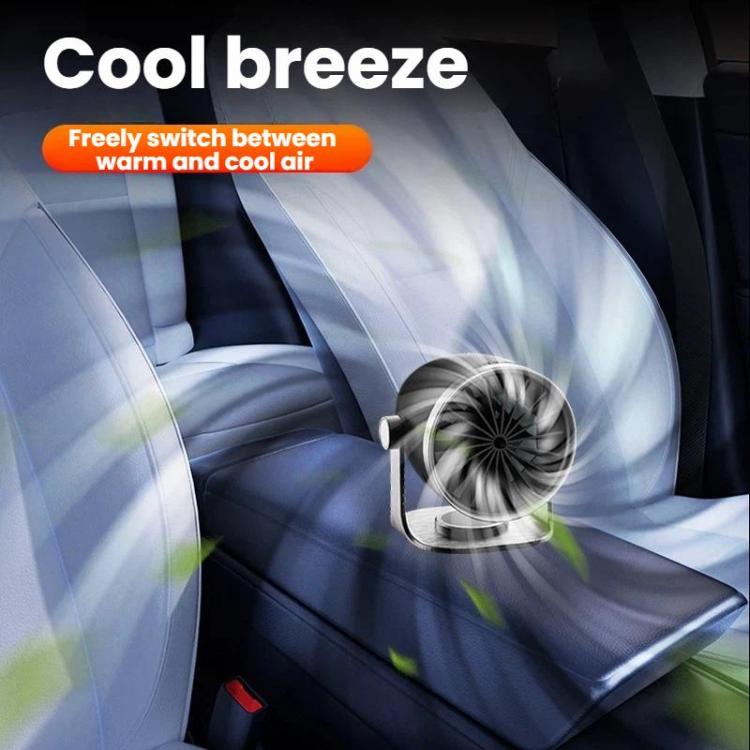 Black vehicle heater unit with adjustable fan airflow blowing toward car seats