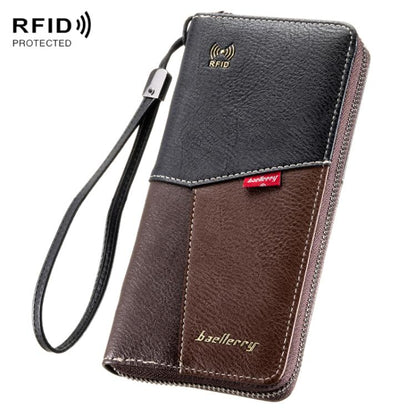 Two-tone leather RFID wallet with wrist strap, zipper, and card holder panels; black and brown.