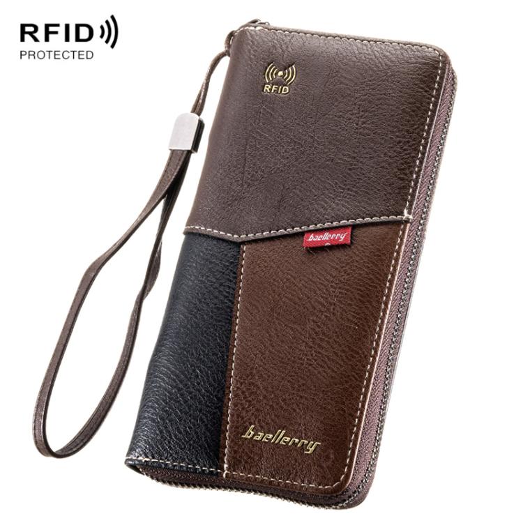 Two-tone RFID wallet with wrist strap and zipper; black and brown leather with stitched edges.