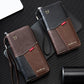 Two-tone RFID long wallet set with wrist straps and zipper; black-and-brown and brown-and-black.
