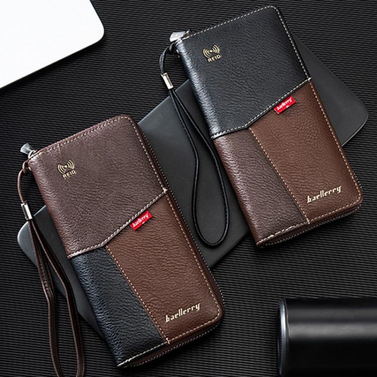 Two-tone RFID long wallet set with wrist straps and zipper; black-and-brown and brown-and-black.