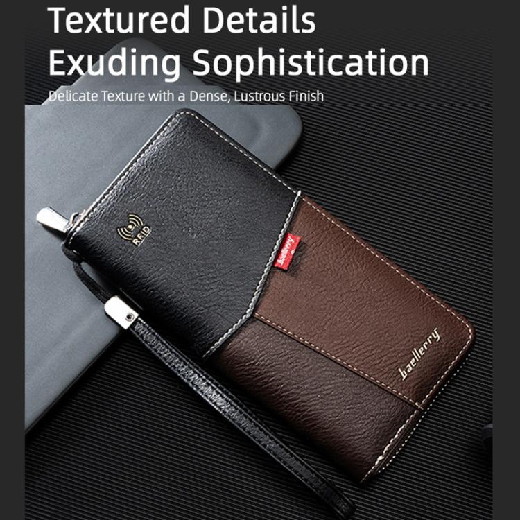 Two-tone RFID wallet close-up with wrist strap loop, red logo patch, and contrast stitching.
