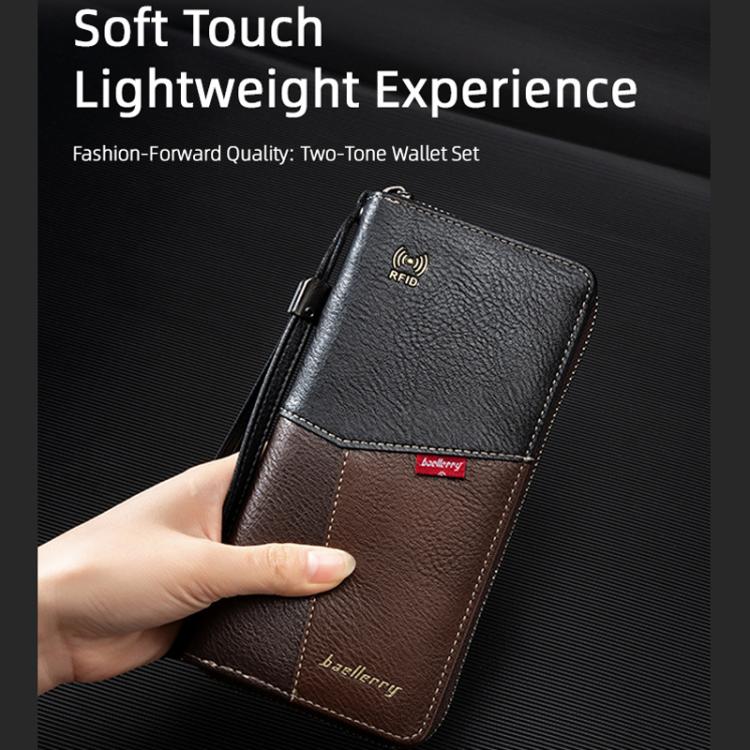 Two-tone RFID leather wallet with wrist strap, zipper closure, and card-slot panel design.