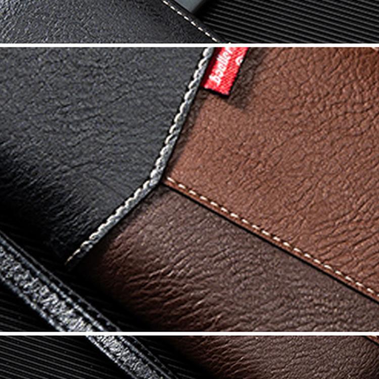 Close-up of two-tone wallet seams with RFID logo patch and contrast edge stitching.