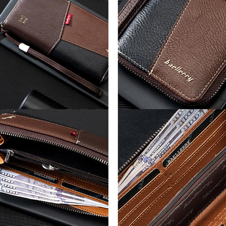 Two-tone RFID wallet with zipper and multi-card slots; shows cards inside and snap strap pull.