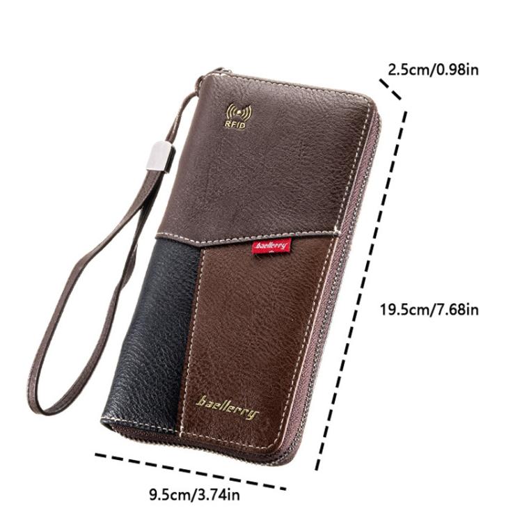 Two-tone RFID wallet with wrist strap showing size markings: 19.5cm x 9.5cm x 2.5cm.