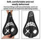 Black bike saddle cover with white graphics shown recovering shape after pressure
