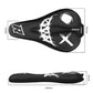 Black bike saddle cover with white graphics with length and width size diagram