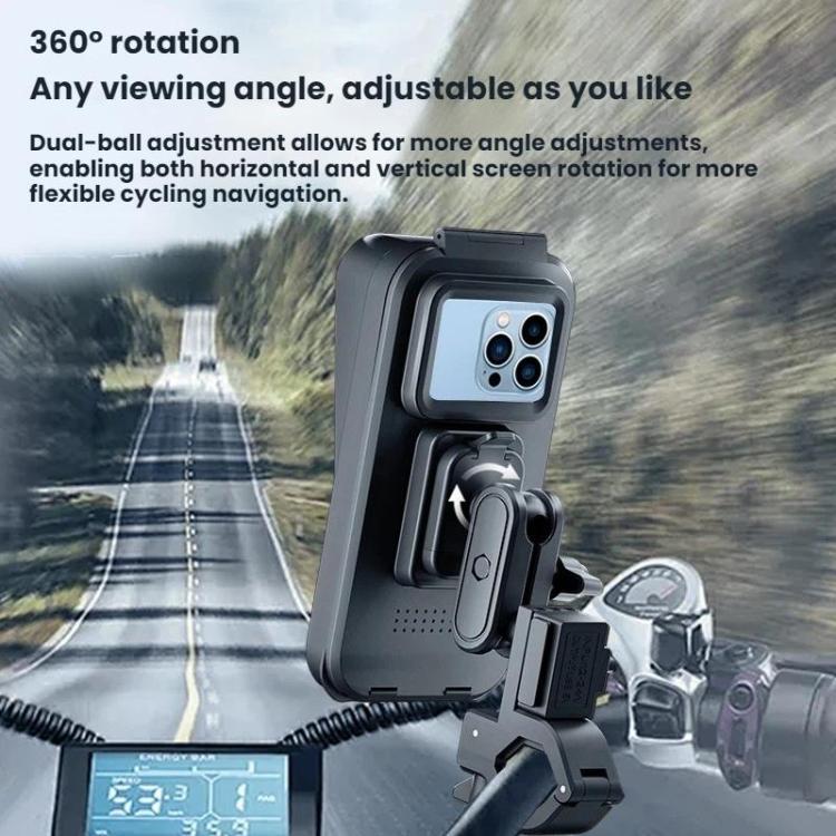 Waterproof phone holder with adjustable clamp and covered screen for motorcycle handlebar