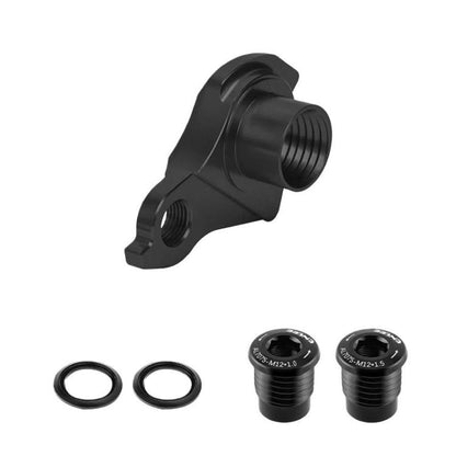 Black rear derailleur hanger thru-axle mount with washer rings and threaded bolts