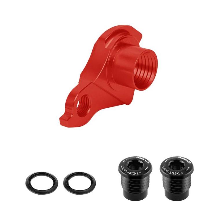 Red rear derailleur hanger thru-axle mount with washer rings and threaded bolts