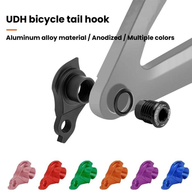Black aluminum rear derailleur hanger with mounting bolt and washer rings