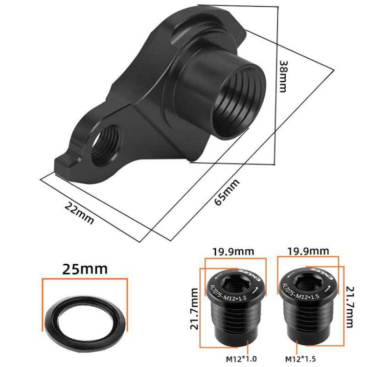 Black rear derailleur hanger with washer ring and threaded bolt, shown with measurements