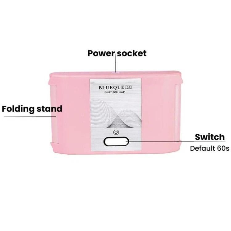 Pink folding LED nail curing lamp with folding stand, switch, and power socket