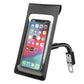 Waterproof phone case with clear window and mounting arm for handlebars, black