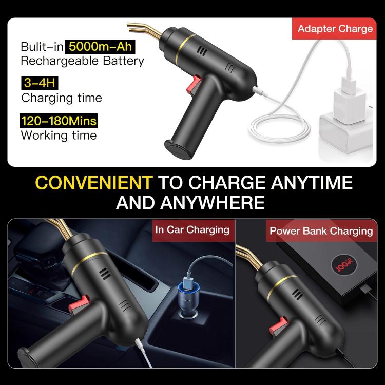 Black plastic welding gun kit with copper tip and charging adapter