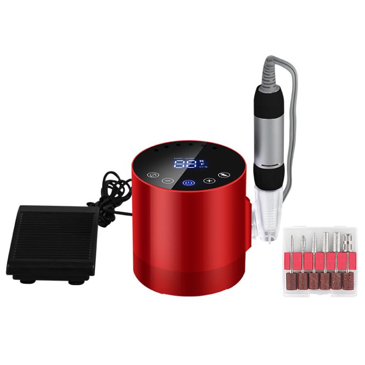 Cylindrical electric nail buffer and file tool with red housing and LED touch controls