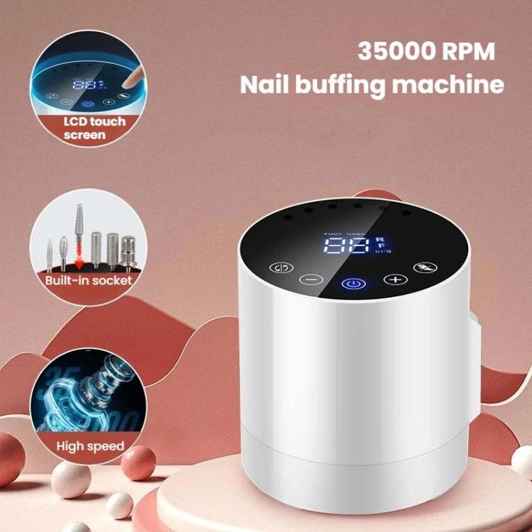 White electric nail buffing machine with top LCD screen and cylindrical body