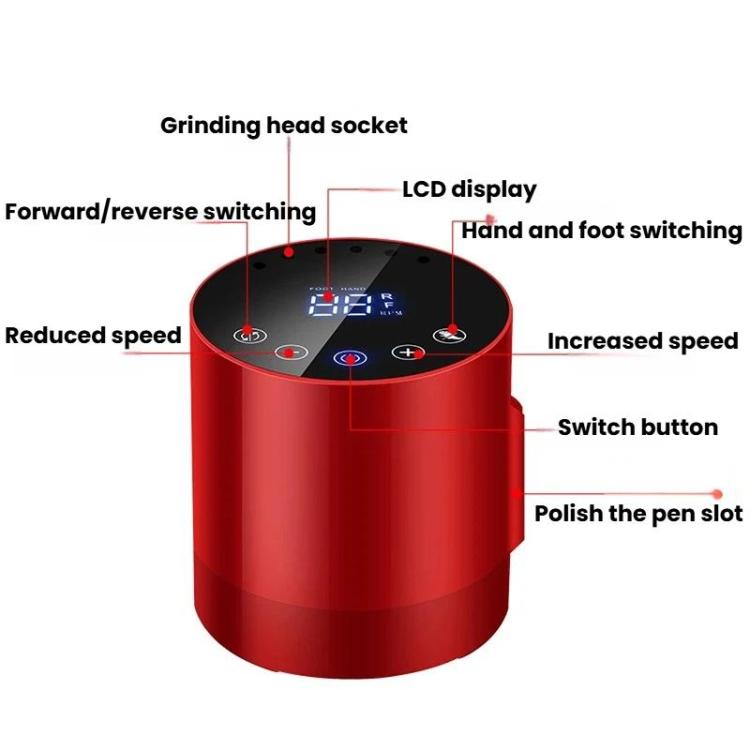 Red cylindrical electric nail file with top control panel and LCD display