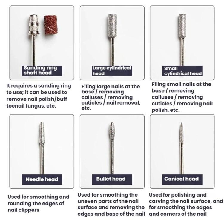 Electric nail file sanding head kit with multiple cylinder and needle-style attachments