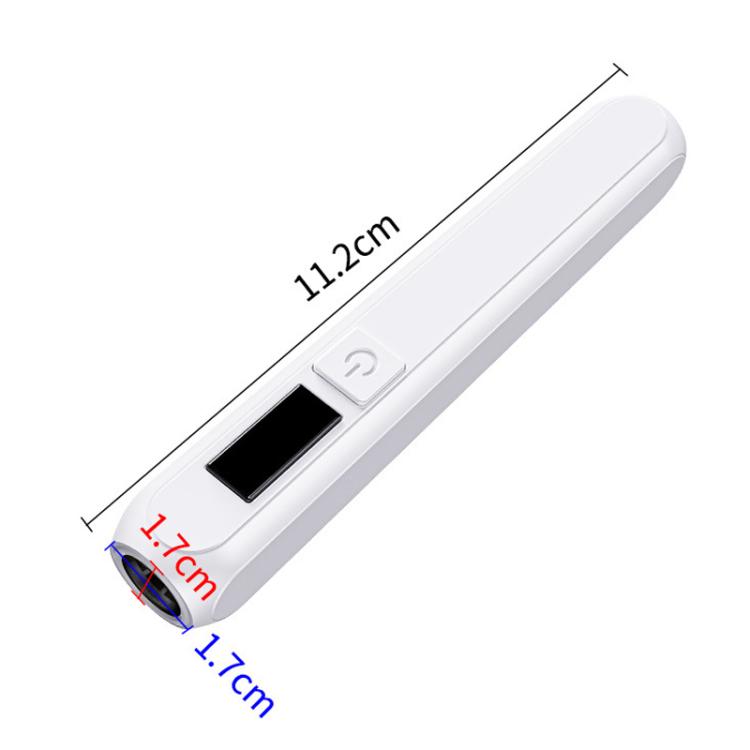 White handheld LED nail curing lamp with black display screen and single-nail tip