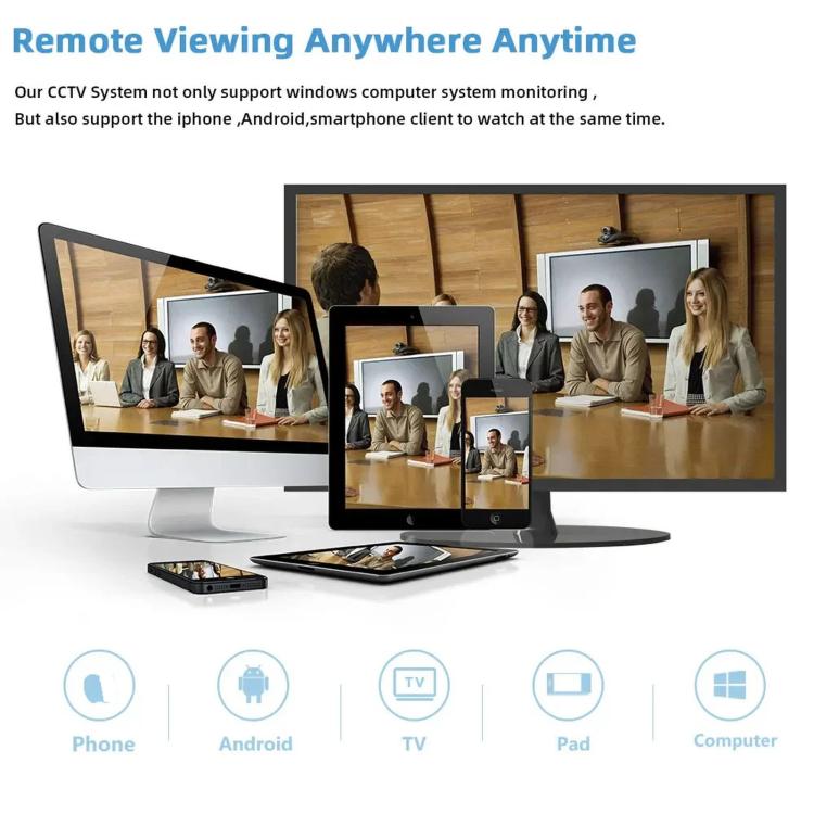 Remote viewing anytime illustration with phone, Android, TV, Pad, and computer icons