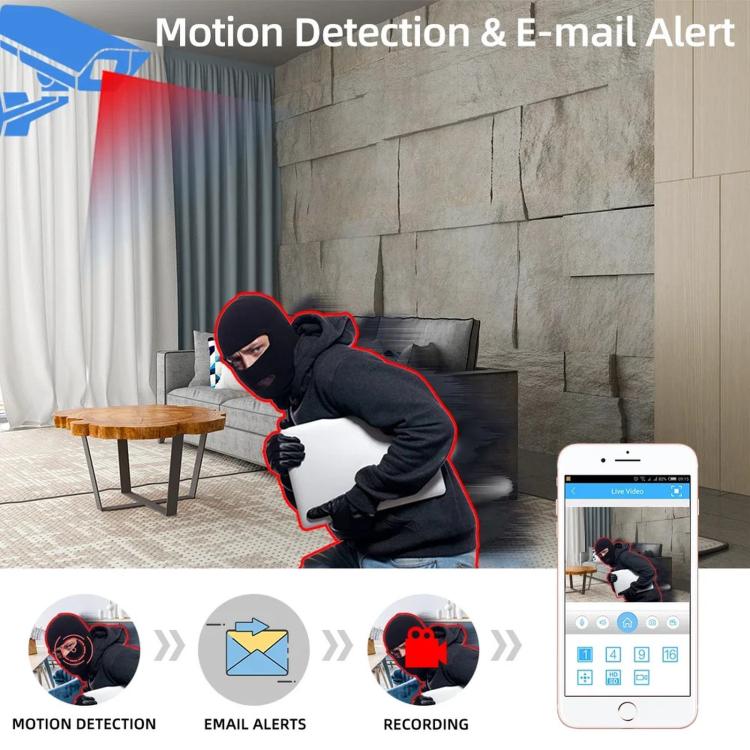 Motion detection and email alert illustration with smartphone app and intruder silhouette