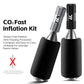 Pair of CO2 inflator valve heads with anti-freeze foam sleeves, black and silver
