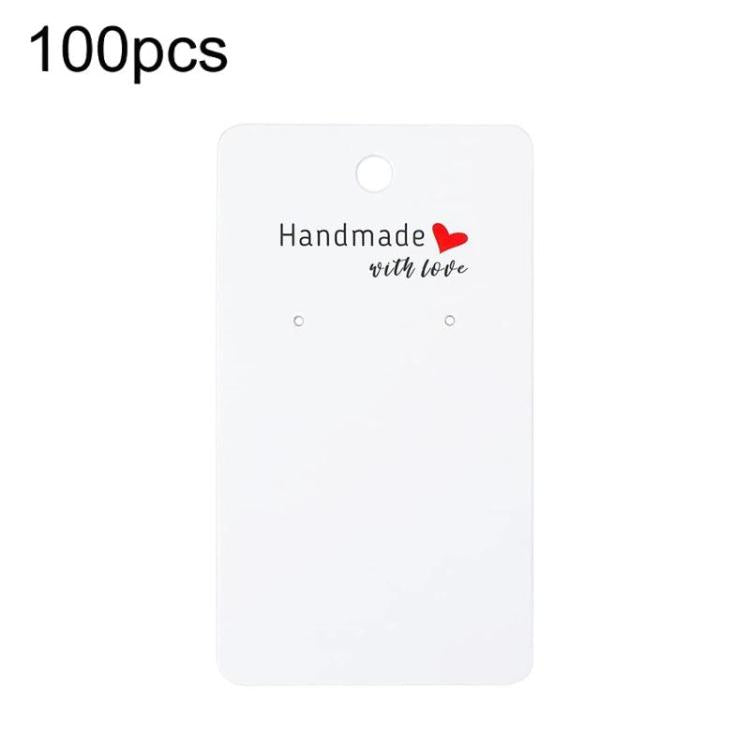 White earring and necklace display card label with top hole and heart “Handmade with love”