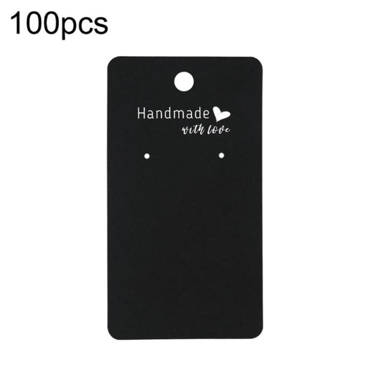 Black earring and necklace display card label with top hole and heart “Handmade with love”