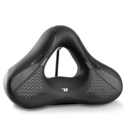 Comfort bike saddle with wide hollow vent cutout, black with textured side pattern