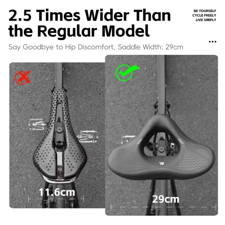 Wide bike saddle on bicycle, black with central hollow vent and rounded profile