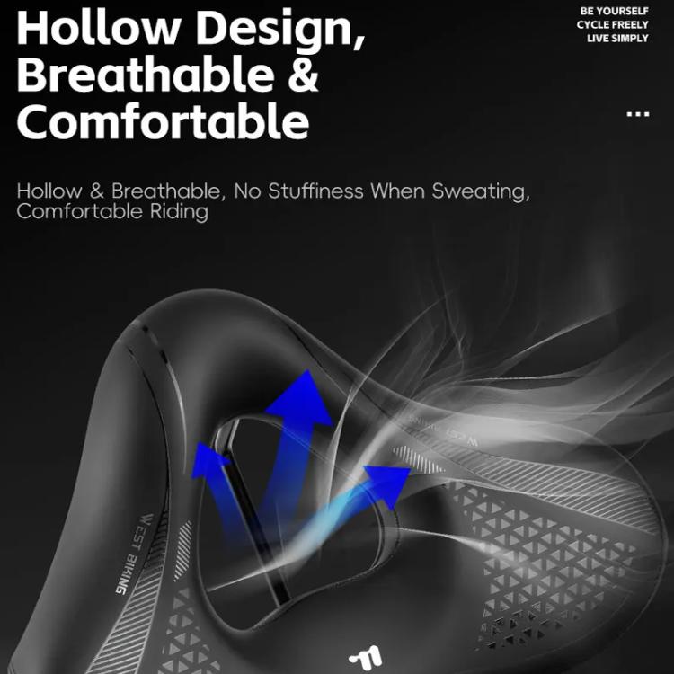 Breathable hollow bike saddle with central cutout and ventilation pattern on sides, black
