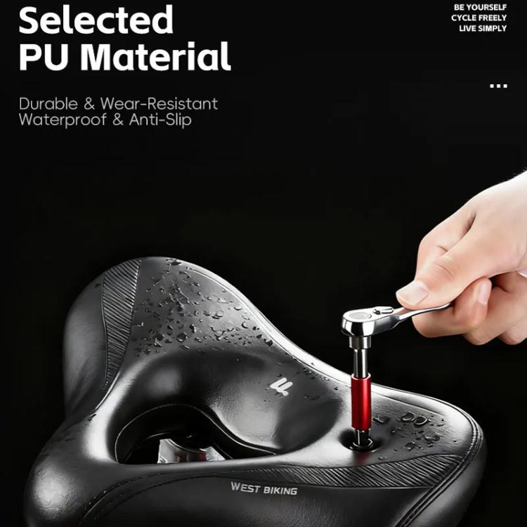 Black PU bike saddle with water-resistant surface texture and central hollow vent