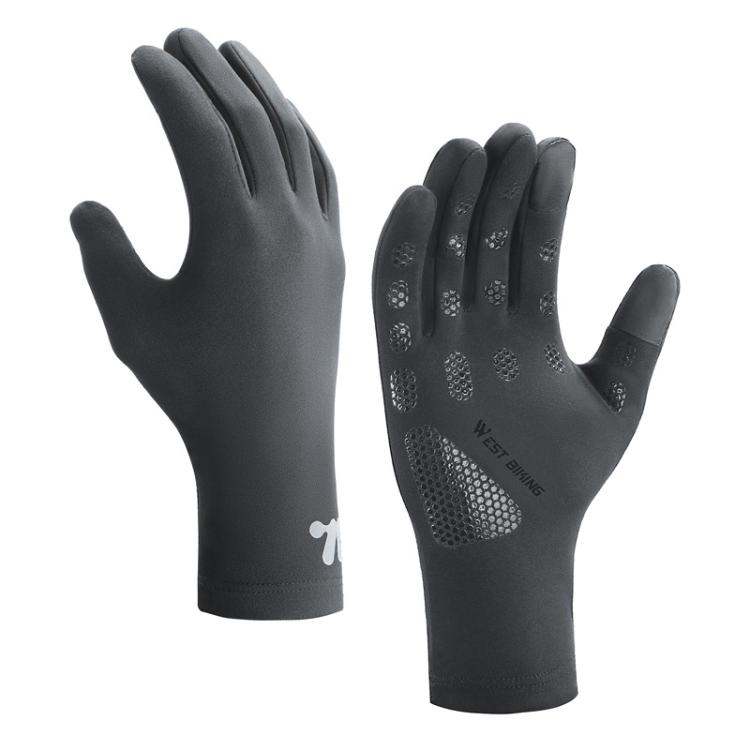 Gray full-finger thermal bicycle gloves with touchscreen fingertips and fleece lining